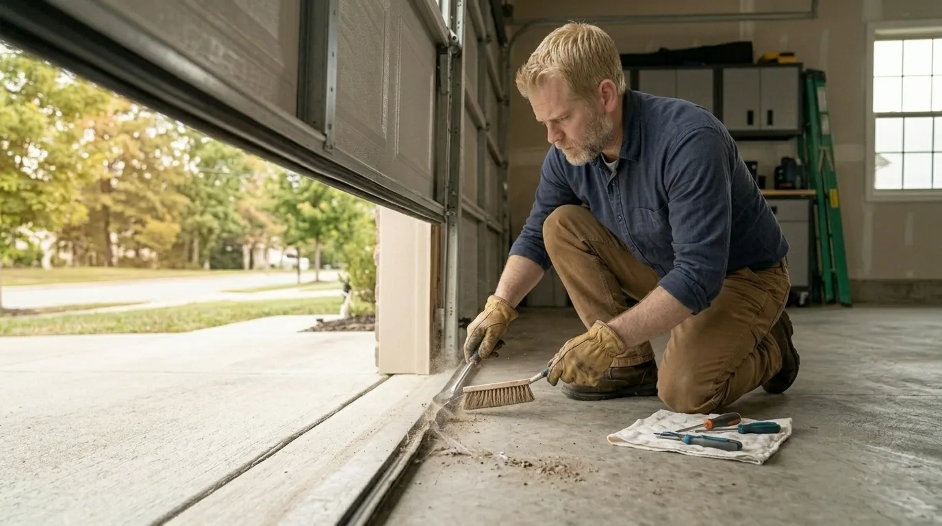 Garage door technician repairing a residential garage door in Tucson Arizona
