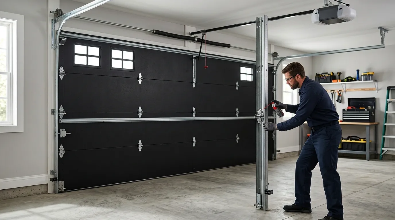 Garage door technician inspecting springs rollers tracks and opener in Tucson